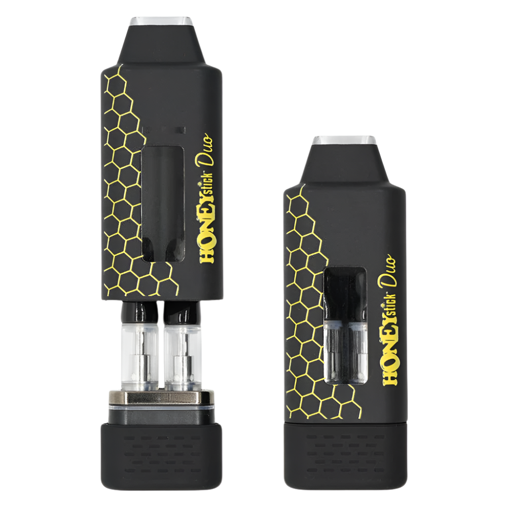 A black Honeystick Duo 510 thread vape battery with a honeycomb design, showcasing a dual cartridge system through a transparent window.