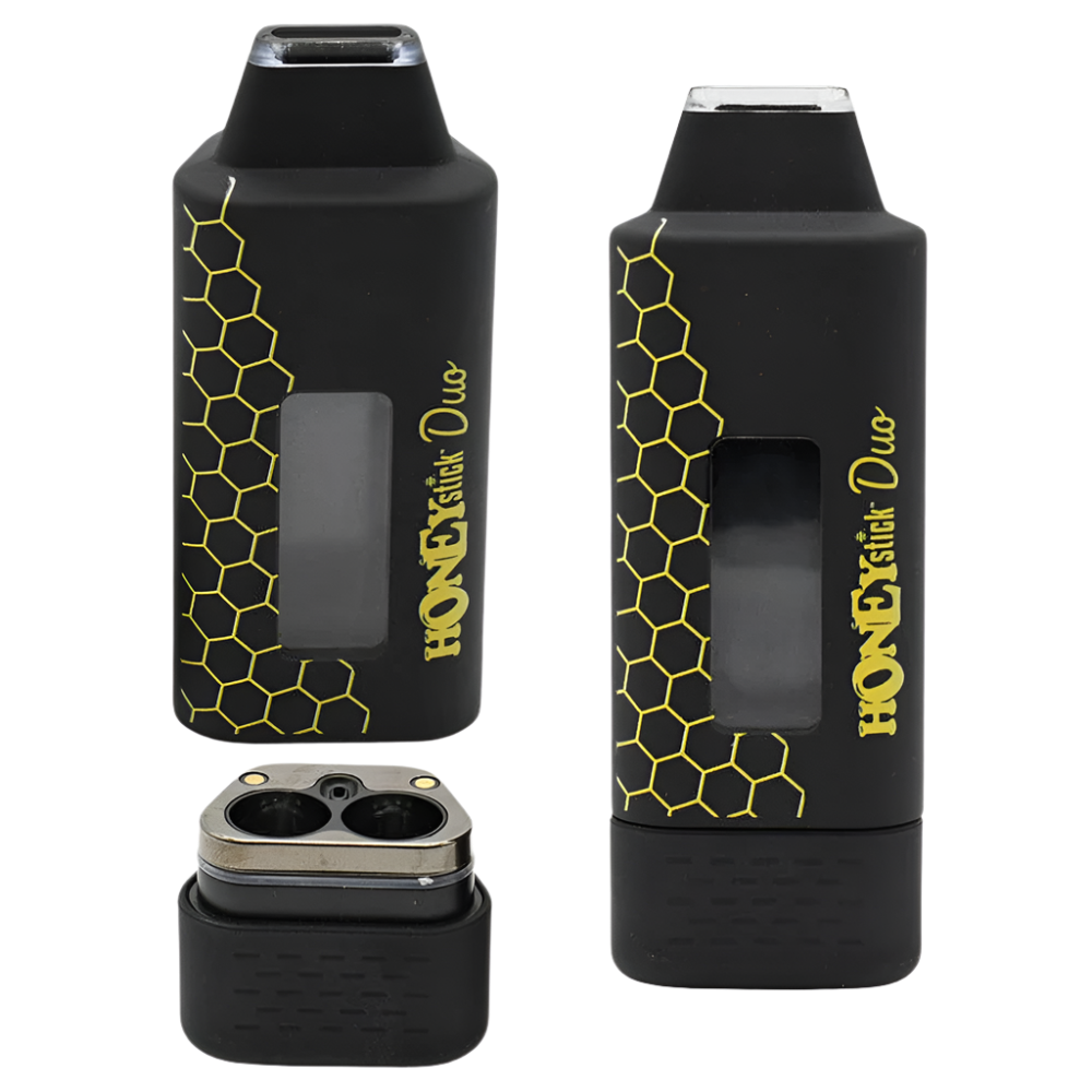 Multiple views of the Honeystick Duo vape battery, showing the device's exterior, the cartridge connection points, and the removable base.