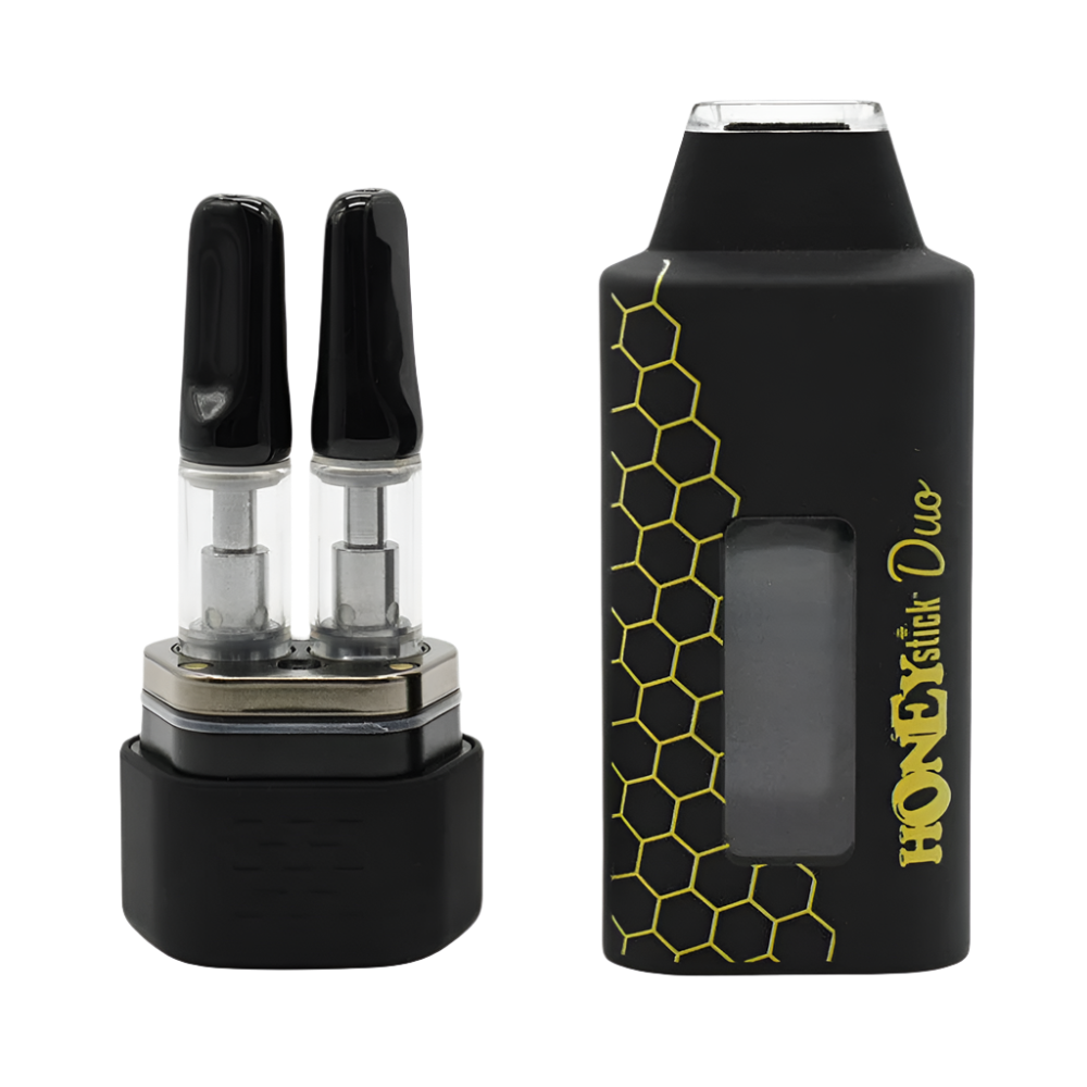 The Honeystick Duo vape battery separated into two parts, displaying the dual 510 thread cartridges and the magnetic base.