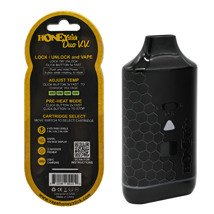 The Honeystick Duo XL vape battery displayed next to its packaging, which includes instructions on locking, unlocking, adjusting voltage, and selecting cartridges.