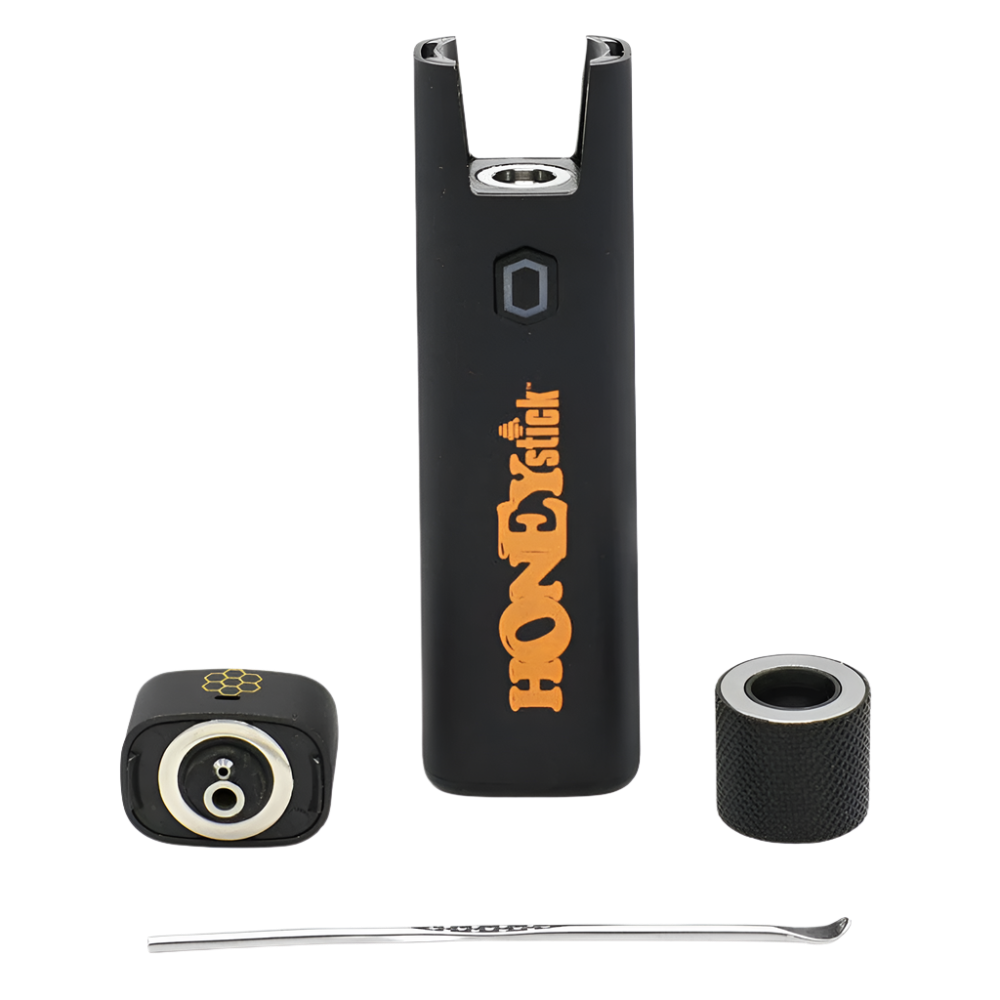 A disassembled view of the Honeystick Pocket Plasma, showing the battery, wax atomizer, and dab tool.
