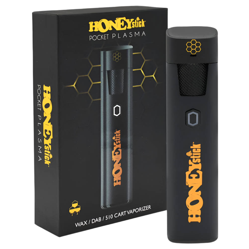 A black Honeystick Pocket Plasma vaporizer standing next to its packaging, featuring a honeycomb design and orange branding.