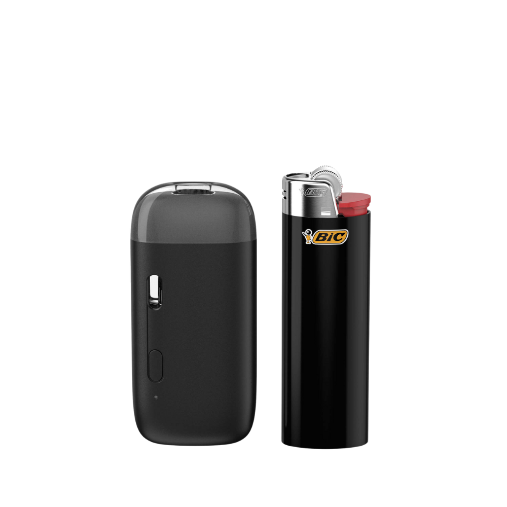 Jupiter CCELL AIO Voca Pro next to a standard black Bic lighter for size comparison.