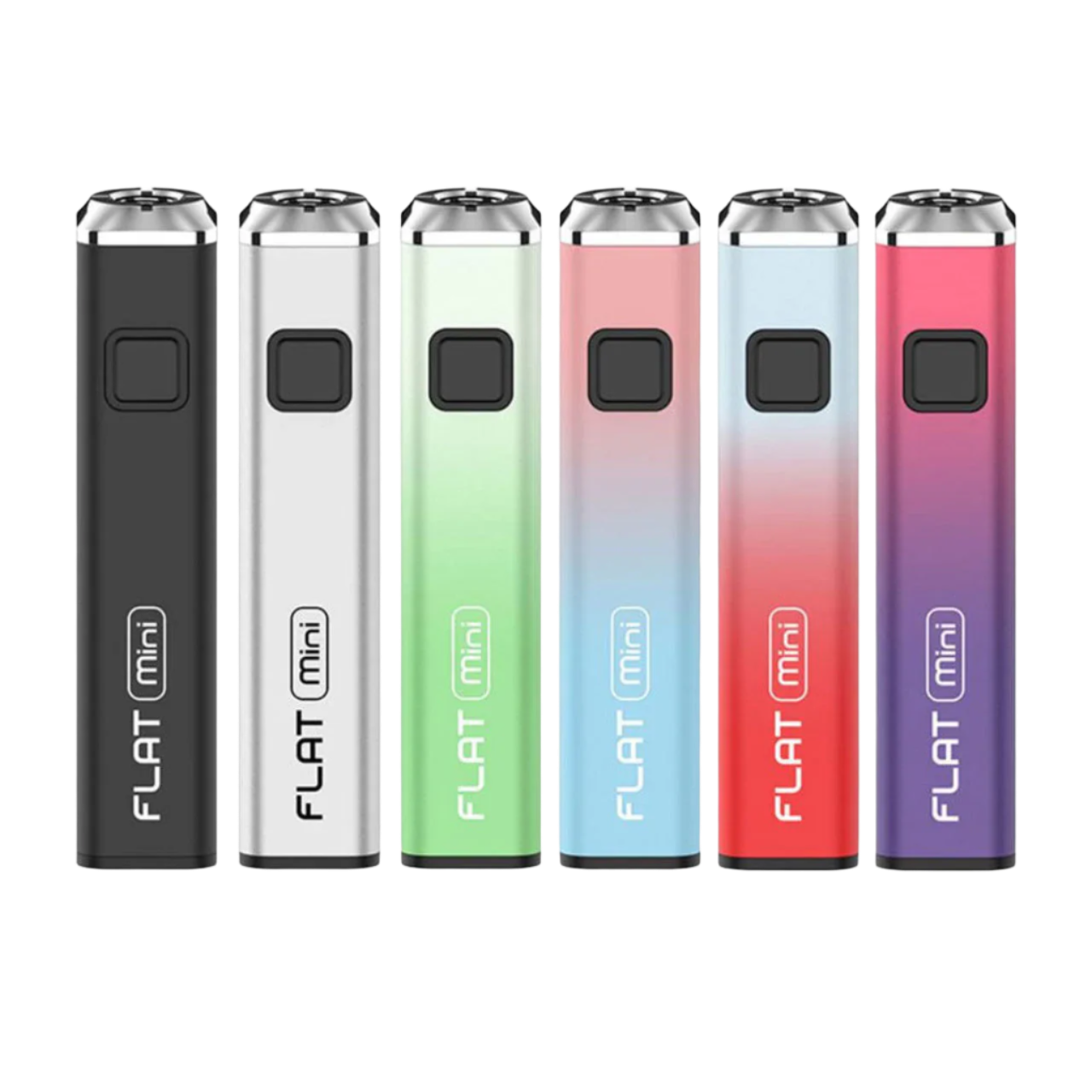 A lineup of Yocan Flat Mini 510 batteries in six colors: black, white, green, pink-blue gradient, blue-red gradient, and purple-red gradient, featuring a sleek and compact design.
