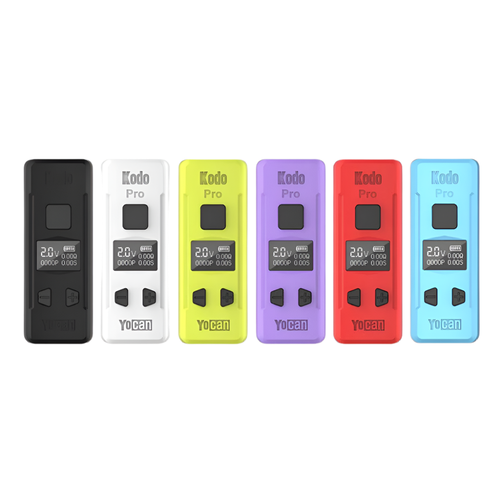 A lineup of Yocan Kodo Pro 510 batteries in six colors: black, white, yellow, purple, red, and blue, featuring an OLED display and voltage adjustment buttons.
