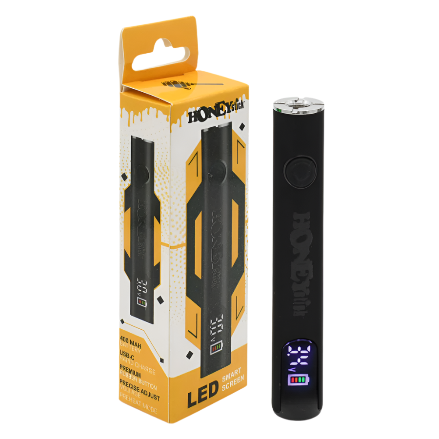 Front and top view of the HoneyStick Digital 510 Variable Voltage Battery in Black, featuring a 510-thread connection and LED display.