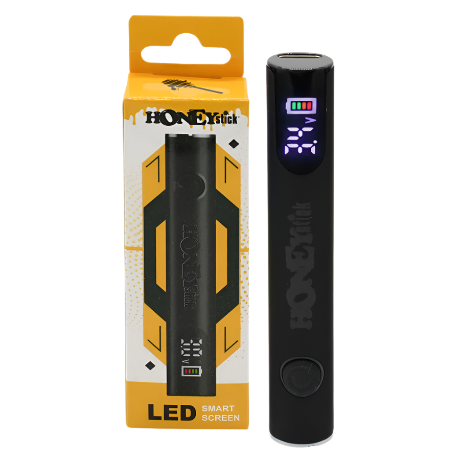 HoneyStick Digital 510 Variable Voltage Battery in Black with LED Smart Screen, displayed next to its packaging.