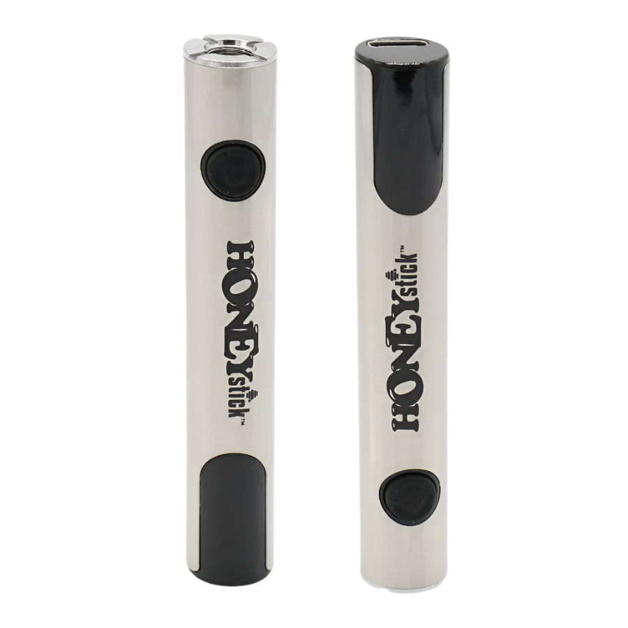 Two HoneyStick Digital 510 batteries shown from different angles, highlighting the sleek silver design, power button, and USB charging port.