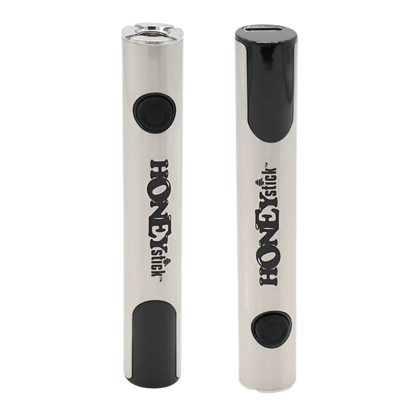 Two HoneyStick Digital 510 batteries shown from different angles, highlighting the sleek silver design, power button, and USB charging port.