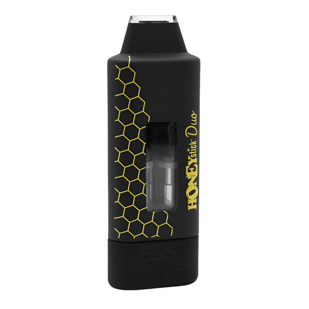 A close-up image of the Honeystick Duo vape battery with an attached cartridge, featuring a honeycomb pattern and a transparent window for monitoring cartridge levels.