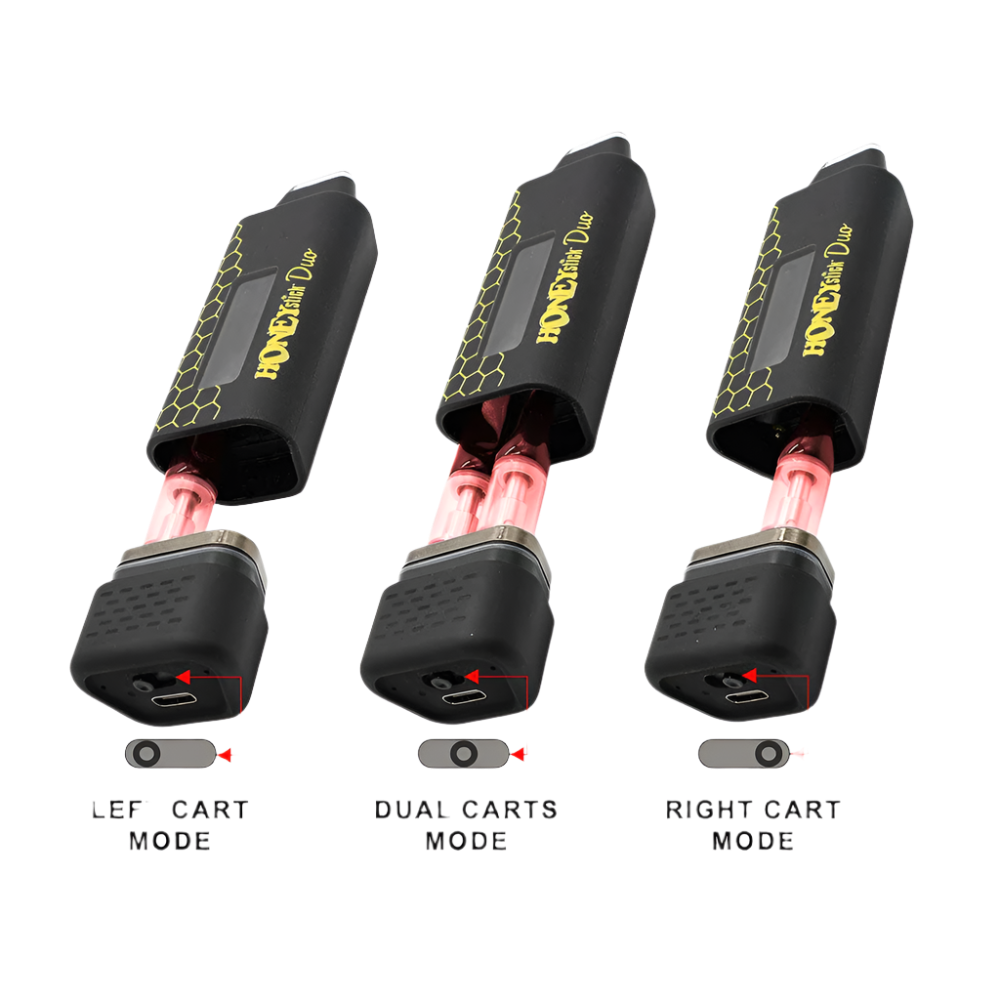 Three modes of the Honeystick Duo battery illustrated: left cartridge mode, dual cartridge mode, and right cartridge mode, with corresponding switch positions.