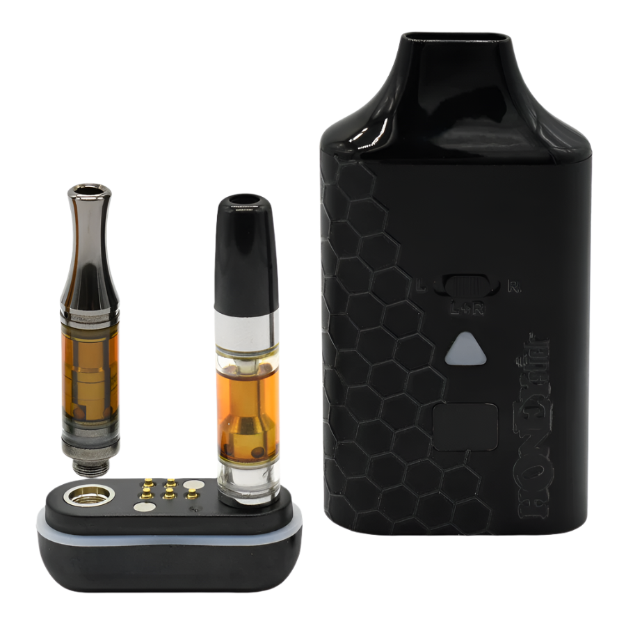 The Honeystick Duo XL vape battery with two oil cartridges being inserted into the magnetic base.