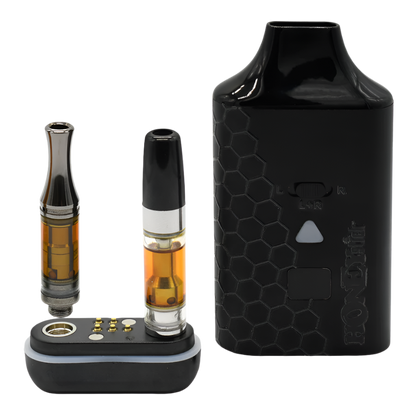 The Honeystick Duo XL vape battery with two oil cartridges being inserted into the magnetic base.