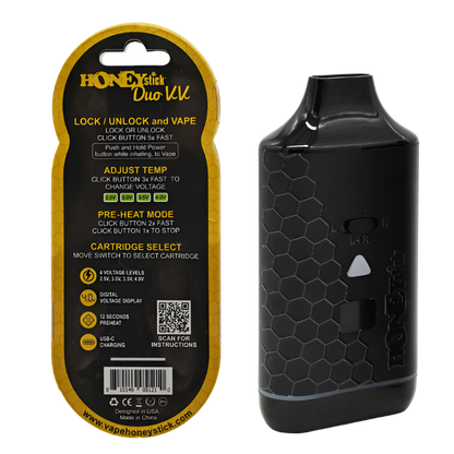 The Honeystick Duo XL vape battery displayed next to its packaging, which includes instructions on locking, unlocking, adjusting voltage, and selecting cartridges.
