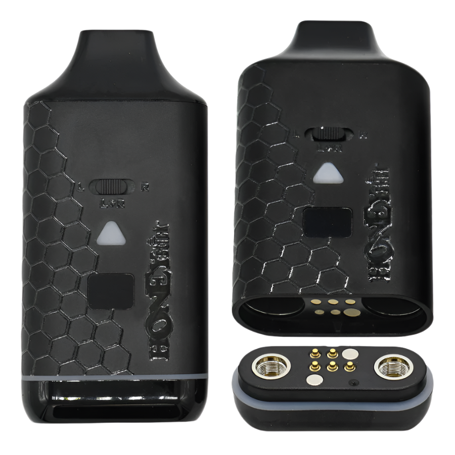 The Honeystick Duo XL vape battery separated into its main body and magnetic cartridge attachment, showing the dual 510-threaded cartridge slots.