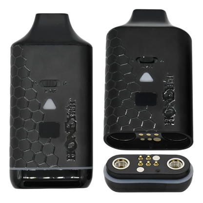 The Honeystick Duo XL vape battery separated into its main body and magnetic cartridge attachment, showing the dual 510-threaded cartridge slots.