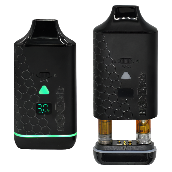 A black Honeystick Duo XL vape battery with a honeycomb design, LED display, voltage adjustment button, and cartridge selection switch.