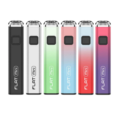 A lineup of Yocan Flat Mini 510 batteries in six colors: black, white, green, pink-blue gradient, blue-red gradient, and purple-red gradient, featuring a sleek and compact design.