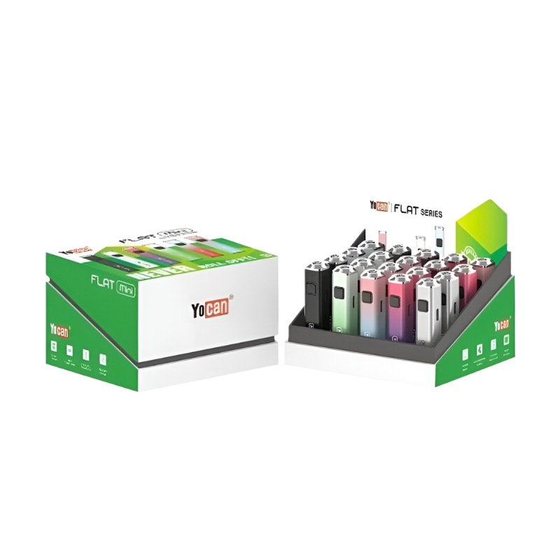 A Yocan Flat Mini retail display box containing multiple 510 batteries in various colors, along with the original packaging showcasing product features.