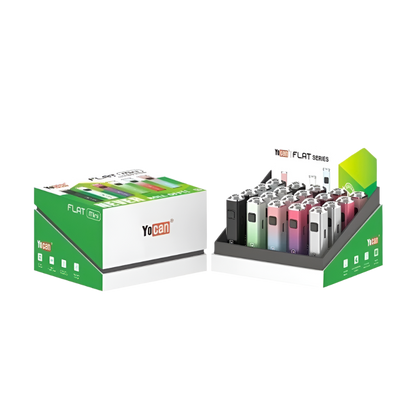 A Yocan Flat Mini retail display box containing multiple 510 batteries in various colors, along with the original packaging showcasing product features.