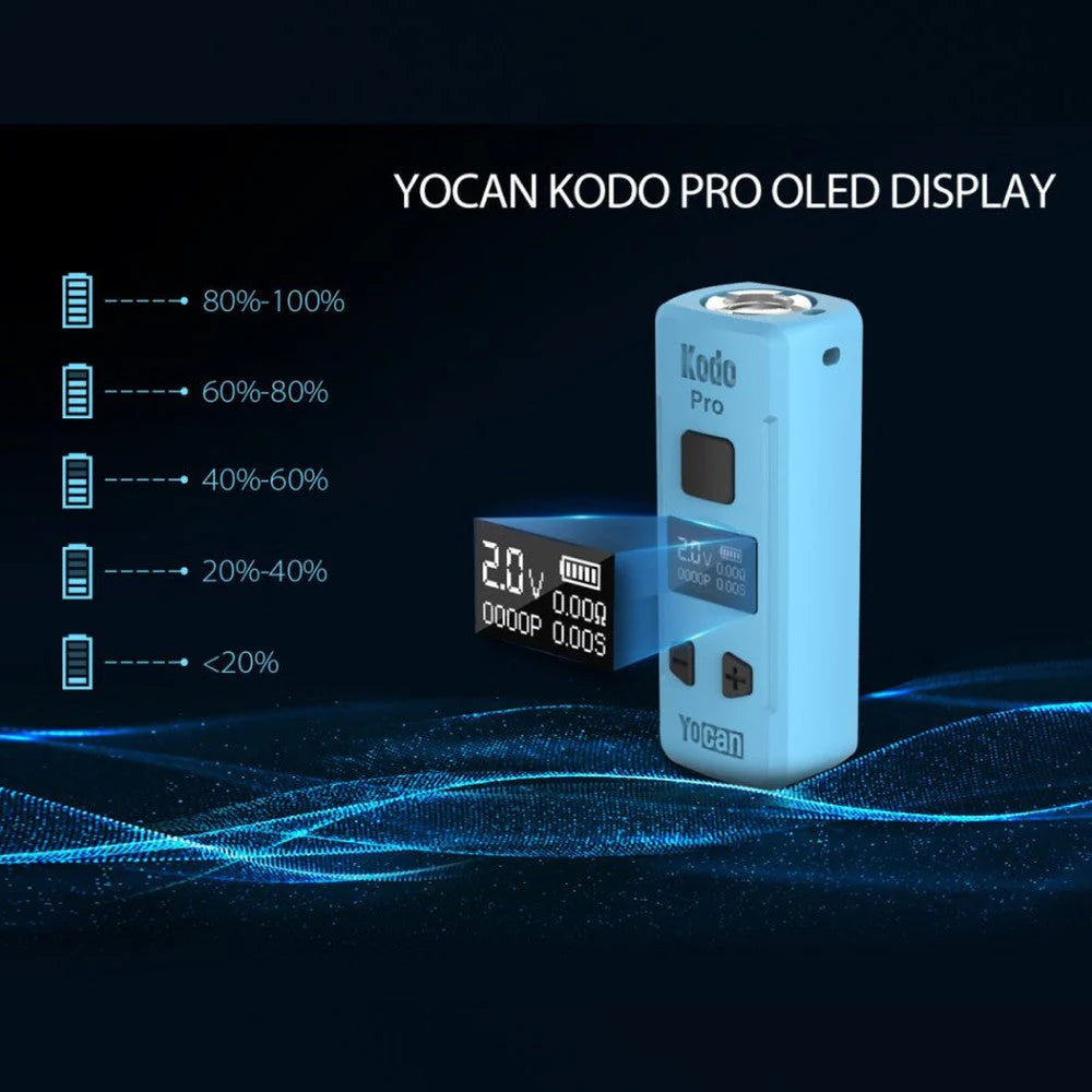 A close-up of the Yocan Kodo Pro's OLED display, showing battery level indicators from 80% to below 20%.