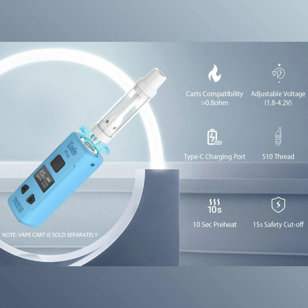 A blue Yocan Kodo Pro vape battery with a 510-thread cartridge attached, showcasing features like adjustable voltage, Type-C charging, preheat mode, and safety cut-off.