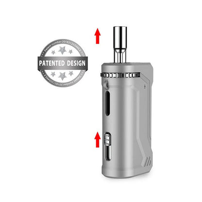 A silver Yocan UNI Pro box mod showcasing its patented design with an adjustable cartridge height mechanism.

