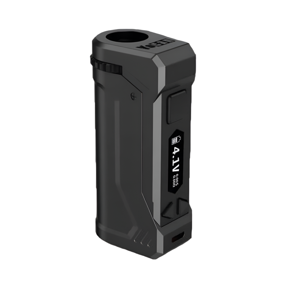A black Yocan UNI Pro adjustable voltage box mod with an OLED display, voltage settings, and a rugged ergonomic design.