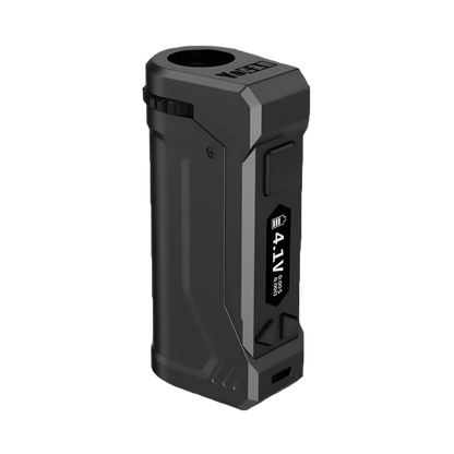 A black Yocan UNI Pro adjustable voltage box mod with an OLED display, voltage settings, and a rugged ergonomic design.