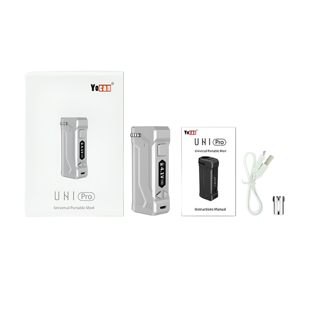 The Yocan UNI Pro box mod kit displayed with packaging, user manual, Micro USB cable, and a magnetic 510-thread adapter.

